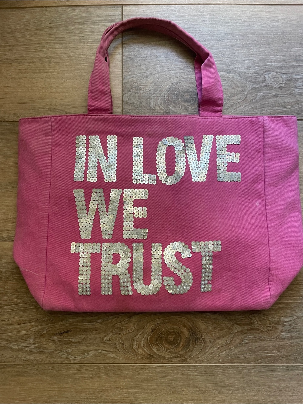 Pink Sequin 'In Love We Trust' Tote Bag